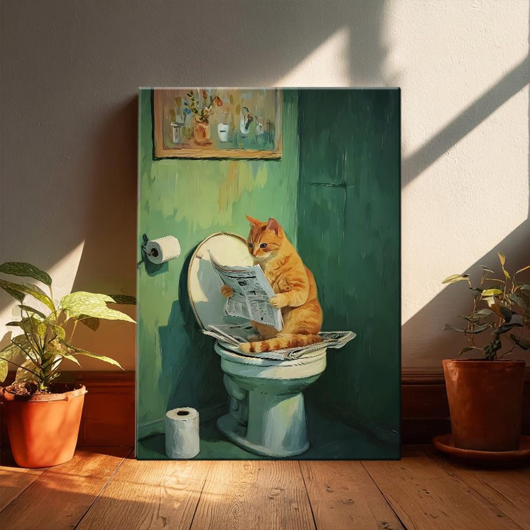 Cat on Toilet Print - Funny Bathroom Wall Art, Cat Bathroom Print, Cat ...