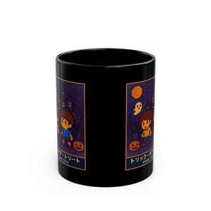 Trick or Treat Halloween Mug, Pixel Art Haunted House Coffee Cup, 11 oz Black Ceramic image 7