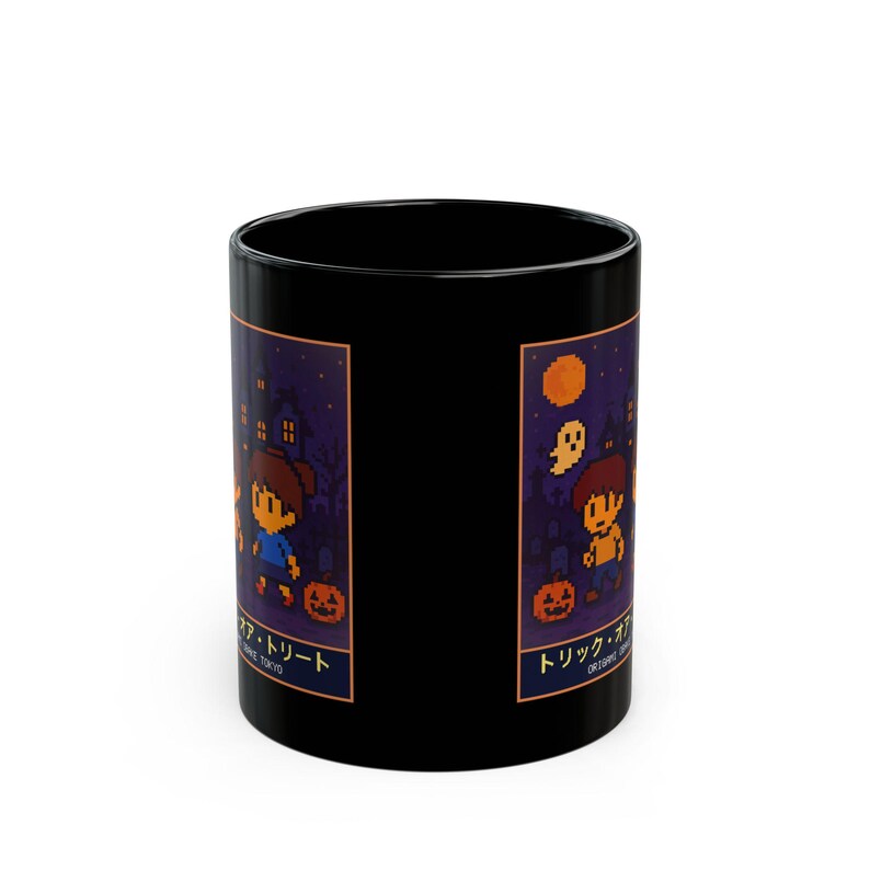Trick or Treat Halloween Mug, Pixel Art Haunted House Coffee Cup, 11 oz Black Ceramic image 7