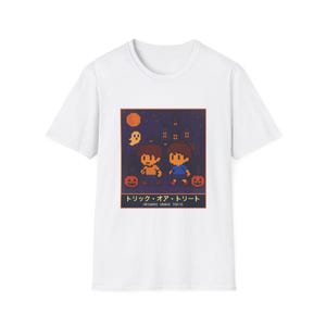 Pixel Art Trick or Treat Halloween T-Shirt, Haunted House and Pumpkins, Retro Game Tee image 2