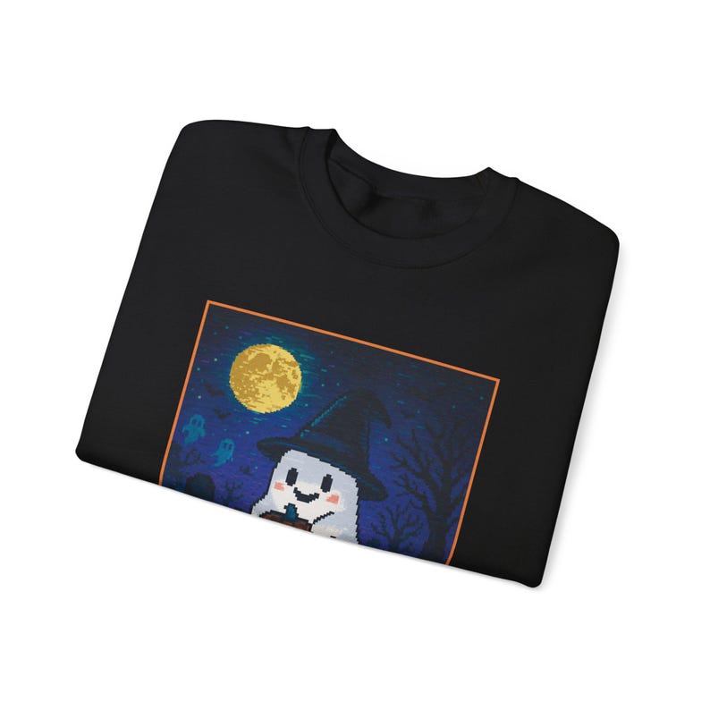 Pixel Art Ghost Halloween Sweatshirt, Witch Hat Ghost and Pumpkin, Japanese Retro Game Crewneck immagine 2