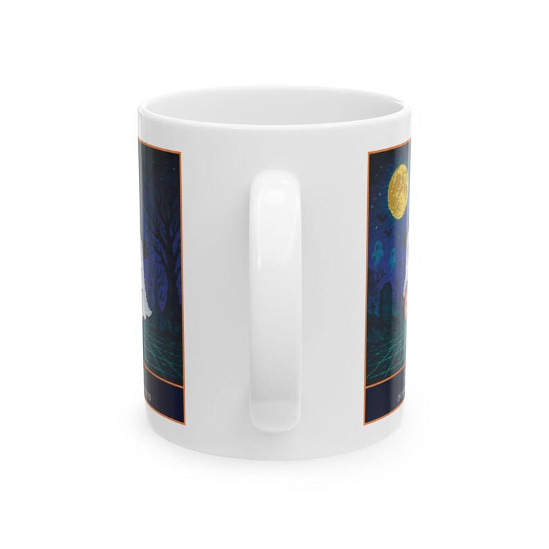 Cute Ghost Halloween Mug, Pixel Art Witch Hat Ghost Coffee Cup, 11 oz White Ceramic image 3