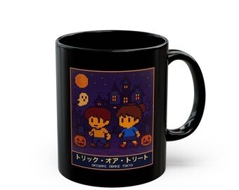 Trick or Treat Halloween Mug, Pixel Art Haunted House Coffee Cup, 11 oz Black Ceramic