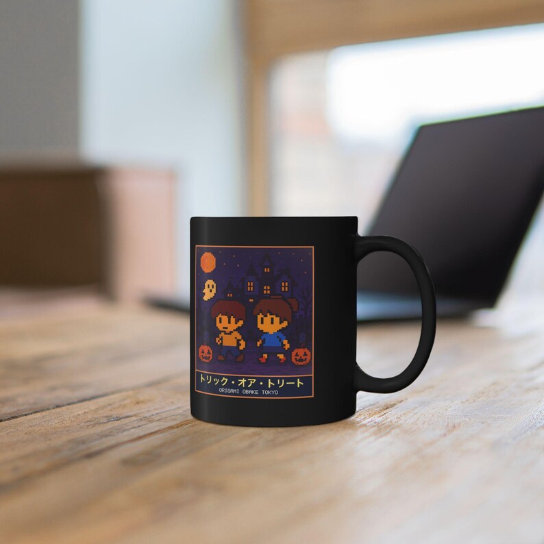 Trick or Treat Halloween Mug, Pixel Art Haunted House Coffee Cup, 11 oz Black Ceramic image 8