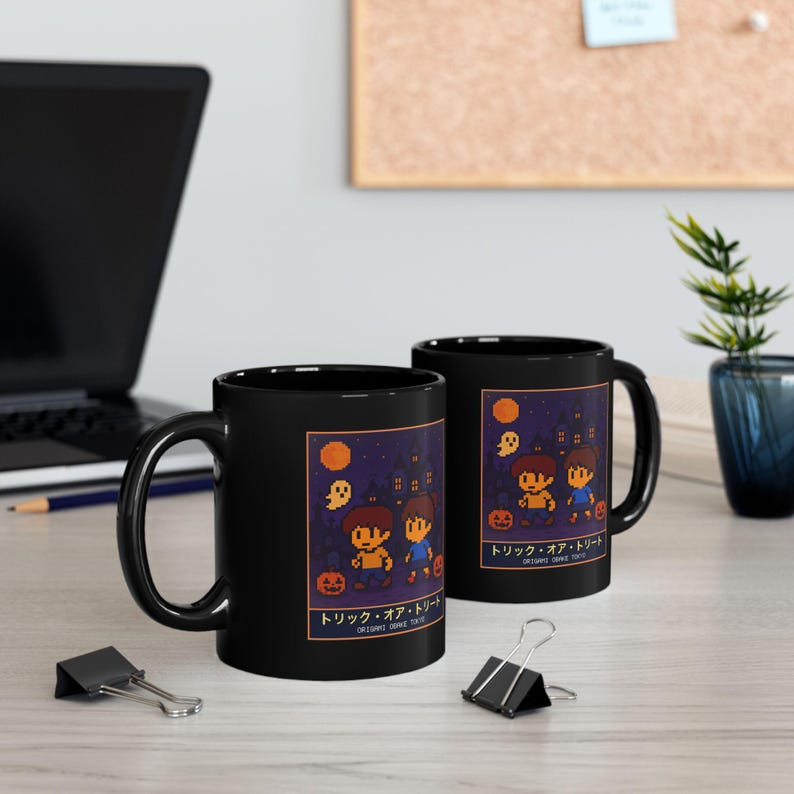 Trick or Treat Halloween Mug, Pixel Art Haunted House Coffee Cup, 11 oz Black Ceramic image 6