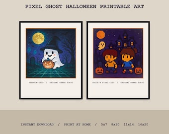 Pixel Ghost Halloween Printable Wall Art, Cute Witch Ghost & Pumpkin 8-Bit Art Digital Download