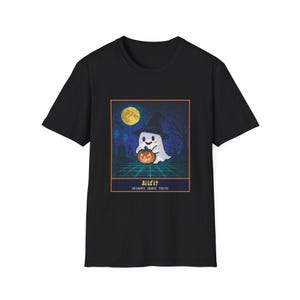 Pixel Art Ghost Halloween T-Shirt, Witch Hat Ghost and Pumpkin, Japanese Retro Game Tee image 1