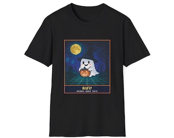 Halloween-T-Shirt mit Pixel-Art-Geist, Hexenhut-Geist und Kürbis, japanisches Retro-Spiel-T-Shirt