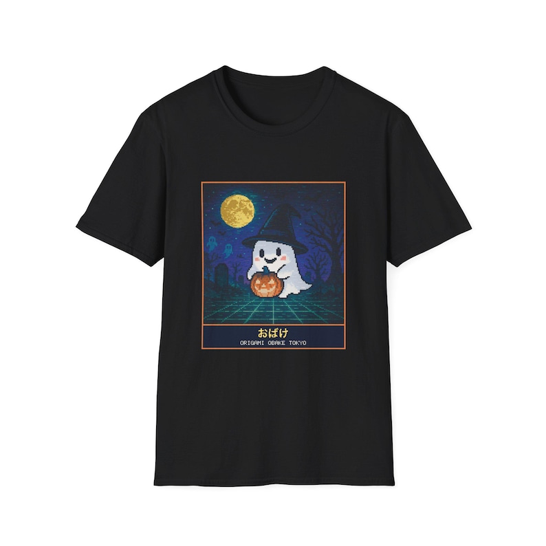 Pixel Art Ghost Halloween T-Shirt, Witch Hat Ghost and Pumpkin, Japanese Retro Game Tee image 1