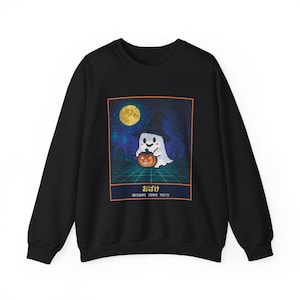 Pixel Art Ghost Halloween Sweatshirt, Witch Hat Ghost and Pumpkin, Japanese Retro Game Crewneck immagine 1