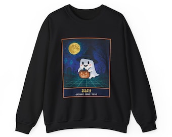 Halloween-Sweatshirt mit Pixel-Art-Geistmotiv, Hexenhut-Geist und Kürbis, Rundhalsausschnitt im japanischen Retro-Game-Stil