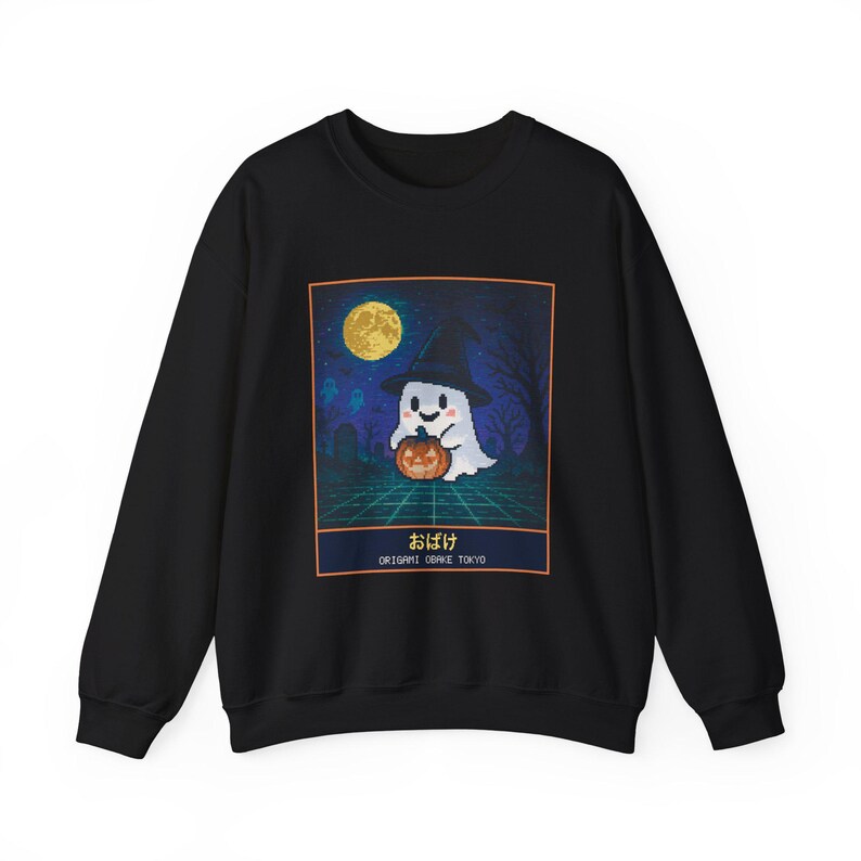 Pixel Art Ghost Halloween Sweatshirt, Witch Hat Ghost and Pumpkin, Japanese Retro Game Crewneck immagine 1
