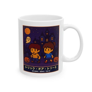 Trick or Treat Halloween Mug, Pixel Art Haunted House Coffee Cup, 11 oz White Ceramic Bild 1