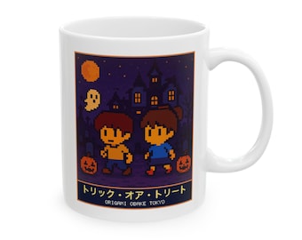 Trick or Treat Halloween Mug, Pixel Art Haunted House Coffee Cup, 11 oz White Ceramic
