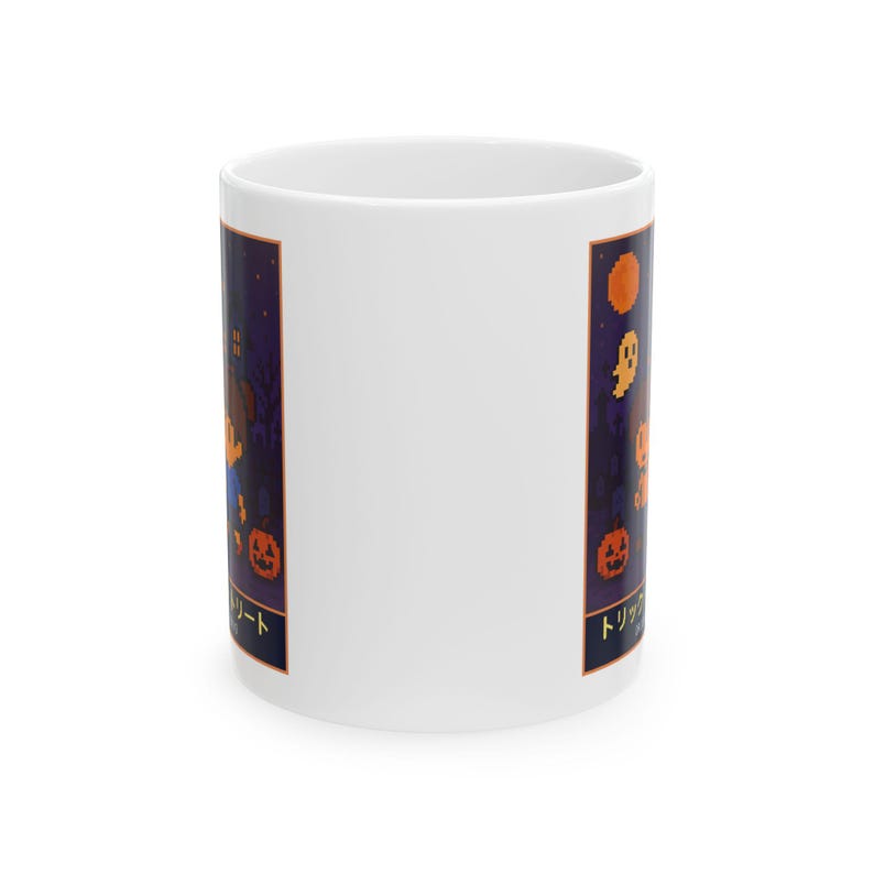 Trick or Treat Halloween Mug, Pixel Art Haunted House Coffee Cup, 11 oz White Ceramic Bild 2