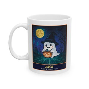 Cute Ghost Halloween Mug, Pixel Art Witch Hat Ghost Coffee Cup, 11 oz White Ceramic image 5