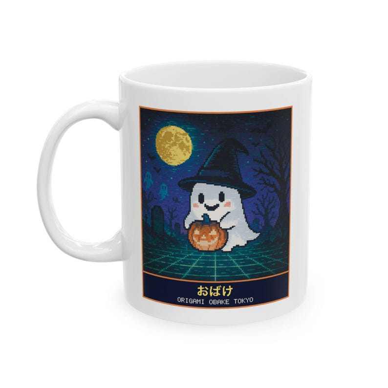 Cute Ghost Halloween Mug, Pixel Art Witch Hat Ghost Coffee Cup, 11 oz White Ceramic image 5