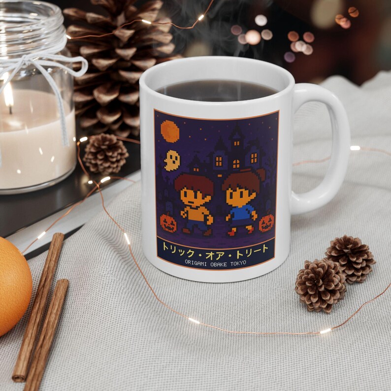 Trick or Treat Halloween Mug, Pixel Art Haunted House Coffee Cup, 11 oz White Ceramic Bild 4
