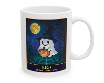 Cute Ghost Halloween Mug, Pixel Art Witch Hat Ghost Coffee Cup, 11 oz White Ceramic