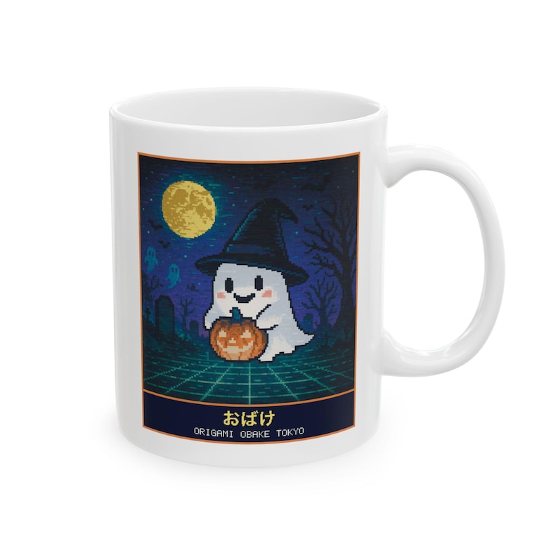 Cute Ghost Halloween Mug, Pixel Art Witch Hat Ghost Coffee Cup, 11 oz White Ceramic image 1
