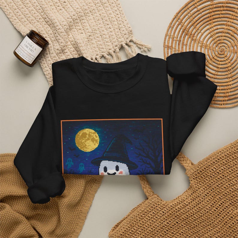 Pixel Art Ghost Halloween Sweatshirt, Witch Hat Ghost and Pumpkin, Japanese Retro Game Crewneck immagine 3