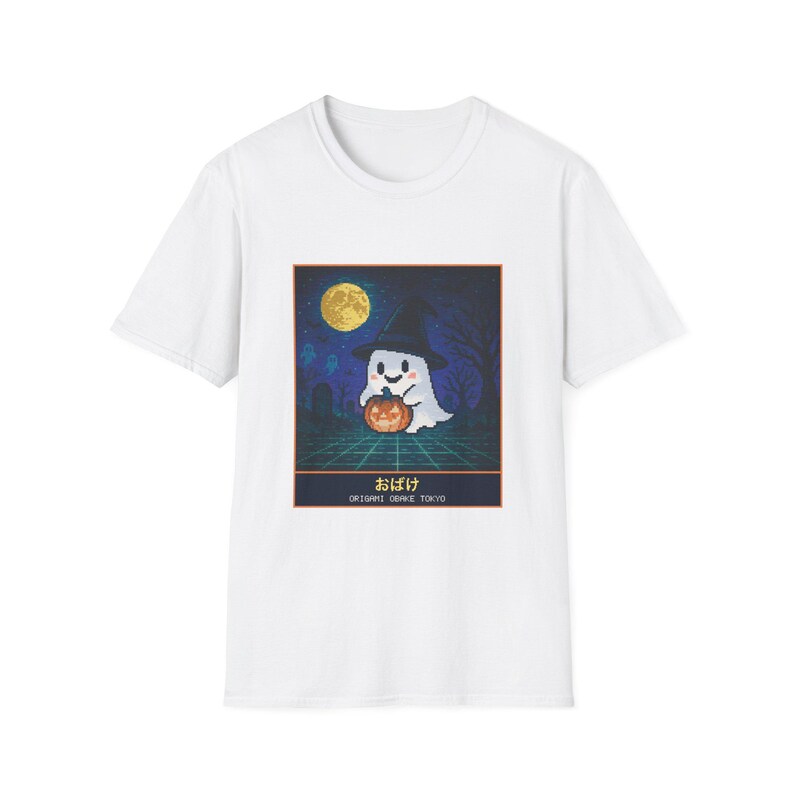 Pixel Art Ghost Halloween T-Shirt, Witch Hat Ghost and Pumpkin, Japanese Retro Game Tee image 2