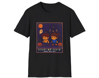Halloween-T-Shirt mit Pixel-Art-Motiv, Spukhaus und Kürbissen, Retro-Spiel-T-Shirt