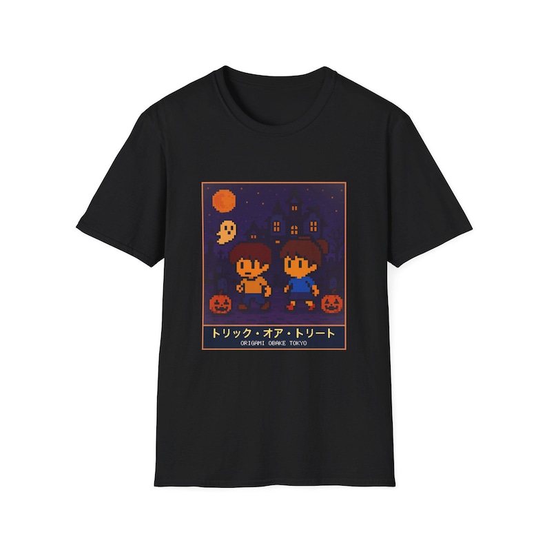 Pixel Art Trick or Treat Halloween T-Shirt, Haunted House and Pumpkins, Retro Game Tee image 1
