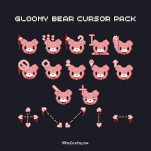 May include: A digital art graphic featuring a "Gloomy Bear Cursor Pack" with various pixelated pink bear cursors, each with a unique expression or accessory. The cursors include a question mark, a knife, and a crosshair. The background is dark.