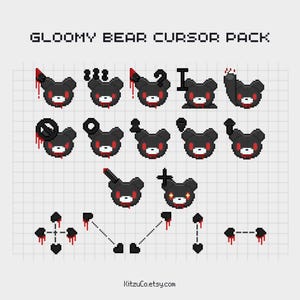 May include: A pixelated graphic featuring a collection of black bear cursors with red accents, including blood drips and various symbols. The text "GLOOMY BEAR CURSOR PACK" is displayed above the cursors. A skull and crossbones graphic is in the upper left corner.