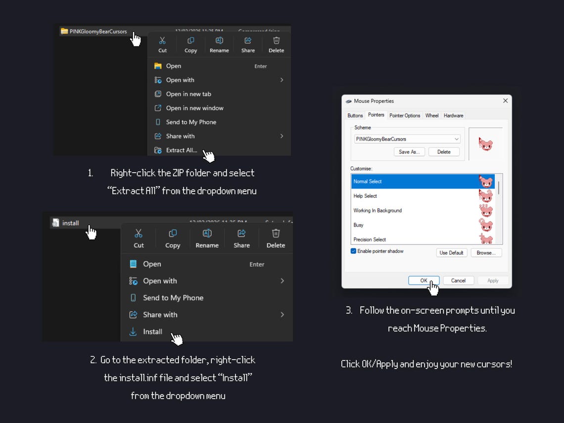 Kawaii Dreary Bear Pixel Cursor Pack for Windows | Instant Download ...