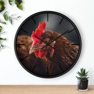 Rustic Chicken Wall Clock | Original Fine Art Photography - Farmhouse Decor, Country Kitchen, Rooster Lover Gift, Vintage Style Timepiece