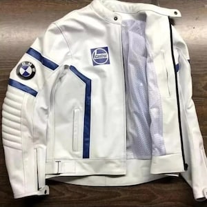 Men’s White BMW Motorrad Leather Motorcycle Jacket Black Sport Riding Gear, Best Gift for Bike Riders