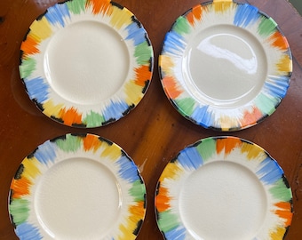 Myott Son & Co Set of 4 Rainbow Ceramic Salad Plates, Rare and Vintage, Art Deco in Style, EUC!