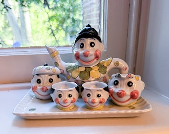 Vintage Ceramic Clown Themed Toy Tea Set, Same Mold as Russ Troll Dolls, 1980s Toy Tea Set, Retro Kids Toys, Retro 80s Kid