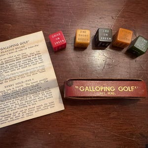 Vintage Circa 1940&#39;s &quot;Galloping Golf&quot; Dice Game, Bakelite Colored Dice with Leather Case, Includes Instructions