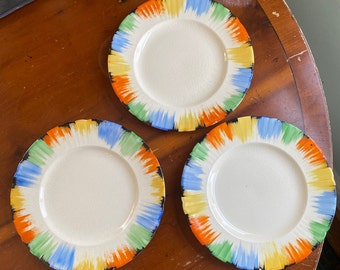 Myott Son & Co Set of 3 Rainbow Ceramic Dinner Plates, Made in England, Rare, Art Deco