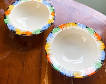 Myott Son & Co Set of 2 Rainbow Art Deco Bowls, Colorful Rim, 1930s Style, Excellent Condition!