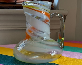 MCM Hand Blown Glass Pitcher, Orange, White, and Yellow, Vintage Glass Pitcher