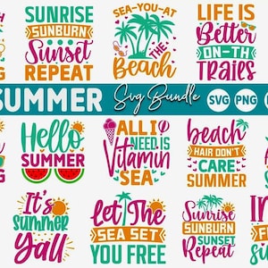 May include: A bundle of 20 summer SVG designs with phrases such as "The beach is calling" and "Hello Summer". The designs use a colour palette of teal, orange, pink, and white. The bundle includes SVG, PNG, EPS, and DXF files. Measurements are not applicable.