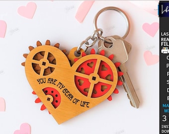 Llavero de corazón mecánico cortado con láser / Corazón con engranajes móviles SVG