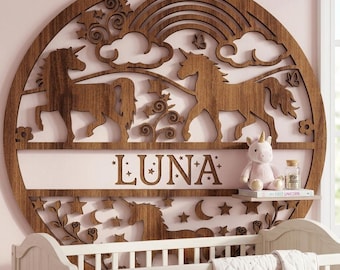 Letrero con nombre de unicornio cortado con láser en formato SVG: Decoración personalizada para la habitación de los niños con unicornios (Descarga digital)
