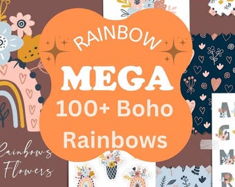 Colección de más de 100 arcoíris y flores bohemios. Imágenes prediseñadas, pósteres, patrones sin costuras, alfabeto y pegatinas.
