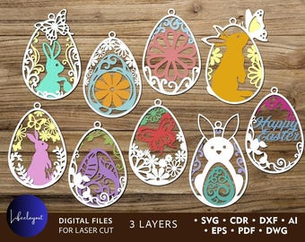 Paquete de archivos SVG de huevos de Pascua multicapa: conejito floral y mariposa (descarga digital).