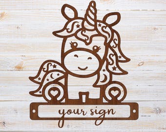 Letrero con nombre de unicornio SVG - Plantilla de corte láser personalizada de fantasía (descarga digital)