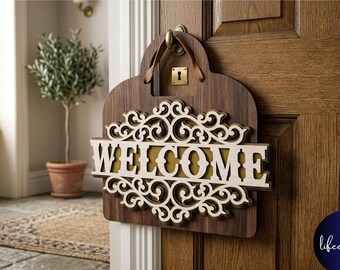 Letrero de bienvenida 3D en formato SVG, colgador de puerta cortado con láser (29 x 19 cm)