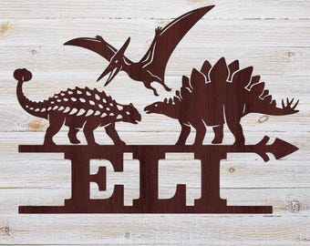 Letrero personalizado con nombre de dinosaurio – Plantilla SVG cortada con láser (Descarga digital)