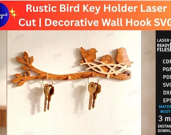 Llavero rústico con forma de pájaro cortado con láser / Gancho decorativo de pared SVG