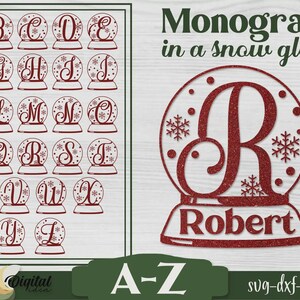 Könnte beinhalten: Eine Sammlung roter Monogrammbuchstaben A-Z in Schneekugeln mit Schneeflocken. Das Bild zeigt auch eine große rote Schneekugel mit dem Buchstaben "R" und dem Namen "Robert" darunter. Der Text "Monogramm in einer Schneekugel" steht oben.