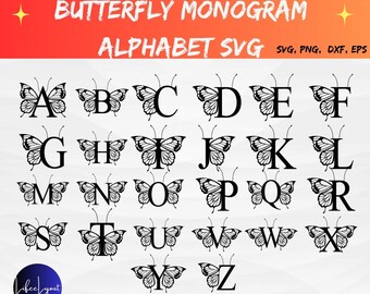 Alfabeto de monogramas de mariposas, letras de marcos de monogramas (svg, png, dxf, eps)